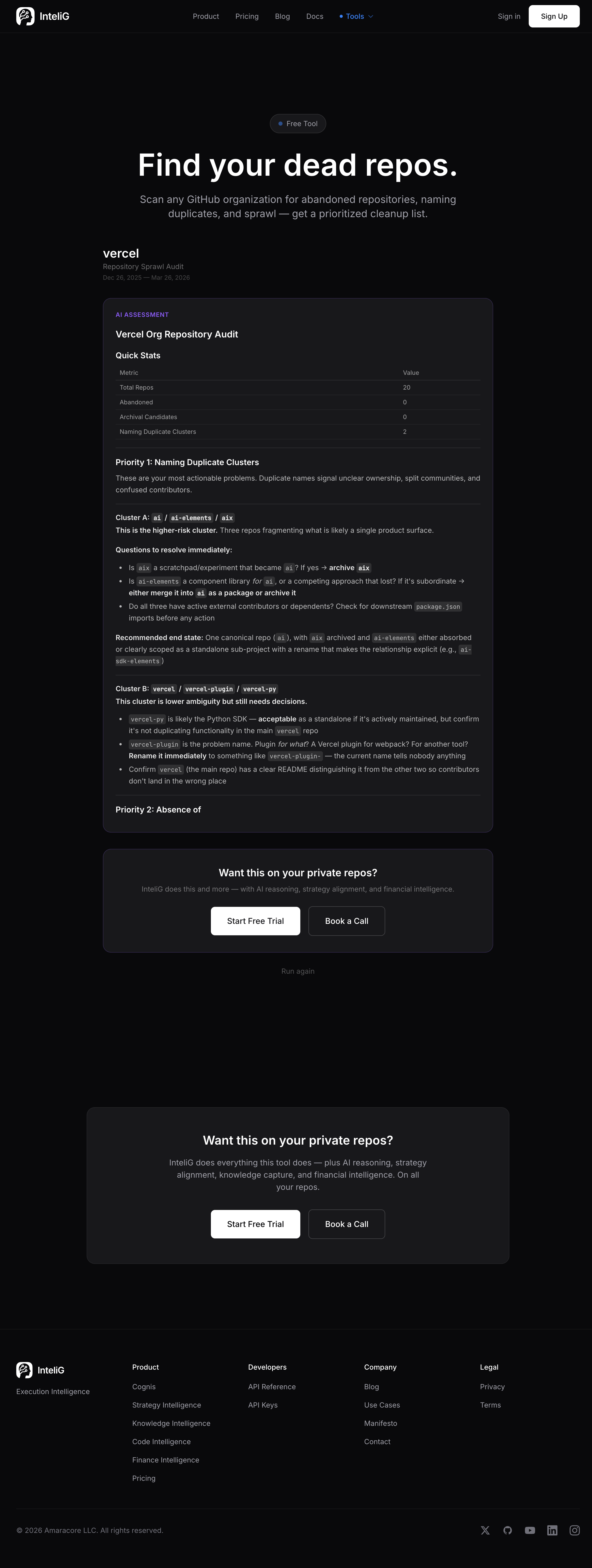 InteliG Repo Sprawl Auditor showing Vercel's repository audit with naming duplicate clusters and prioritized cleanup recommendations